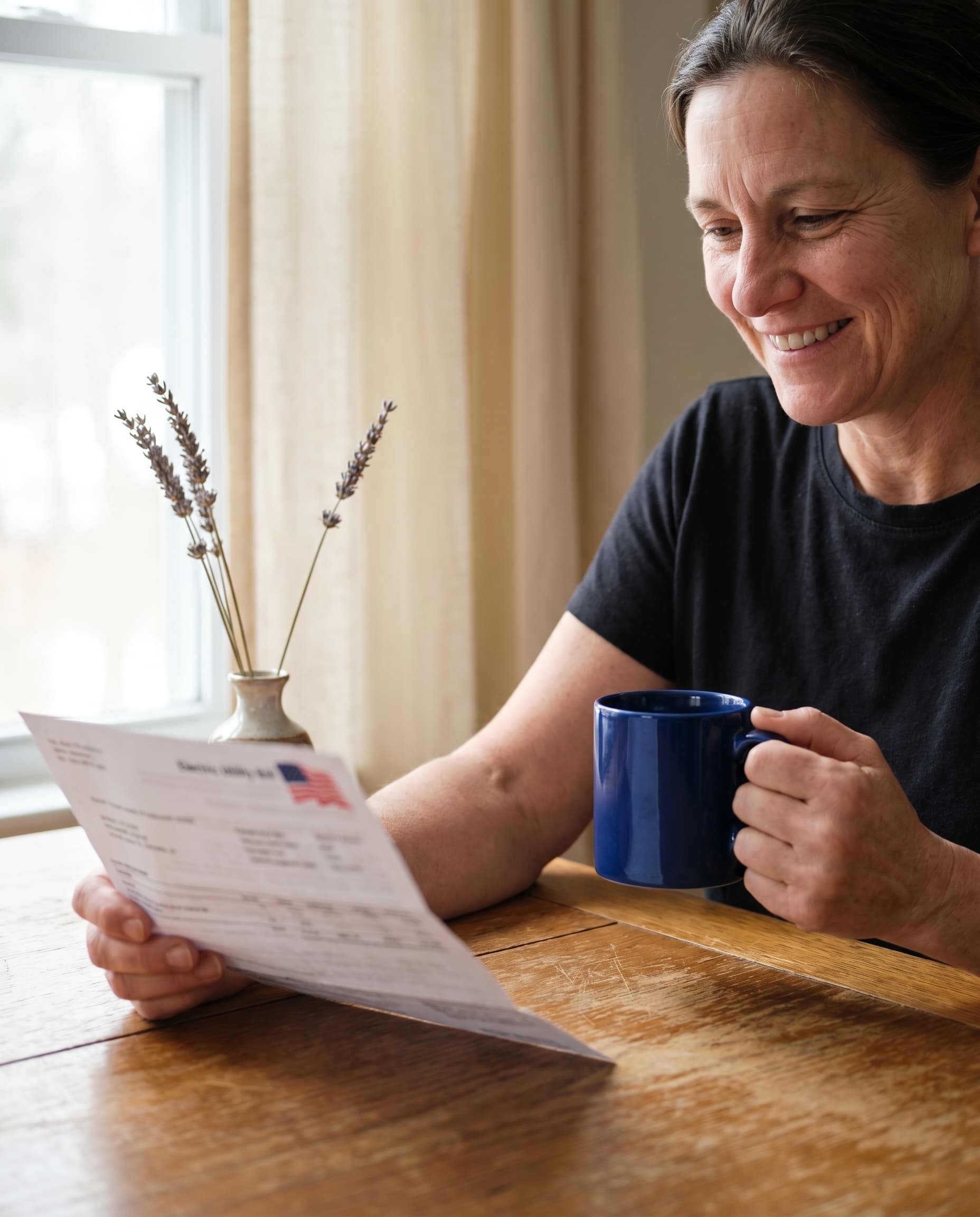 A homeowner reads her electric bill and smiles with relief at the lower amount.
