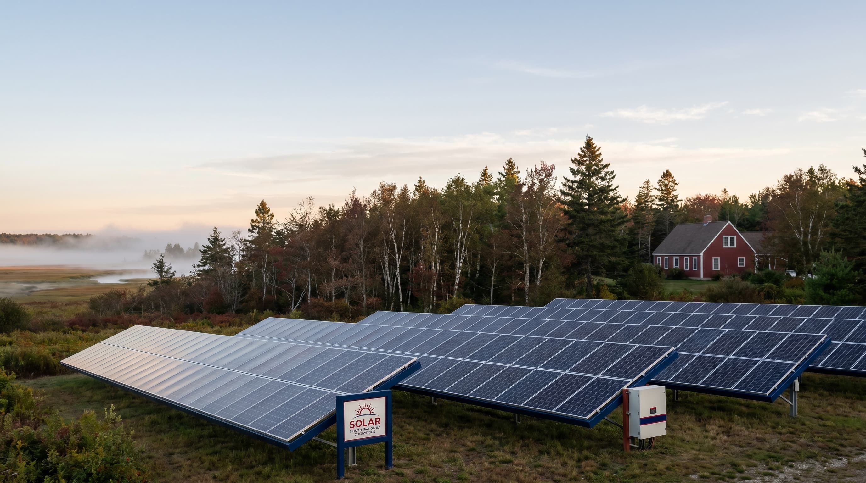 Community solar farm in coastal Maine at golden hour, with red Cape Cod farmhouse and pine forest in early autumn.