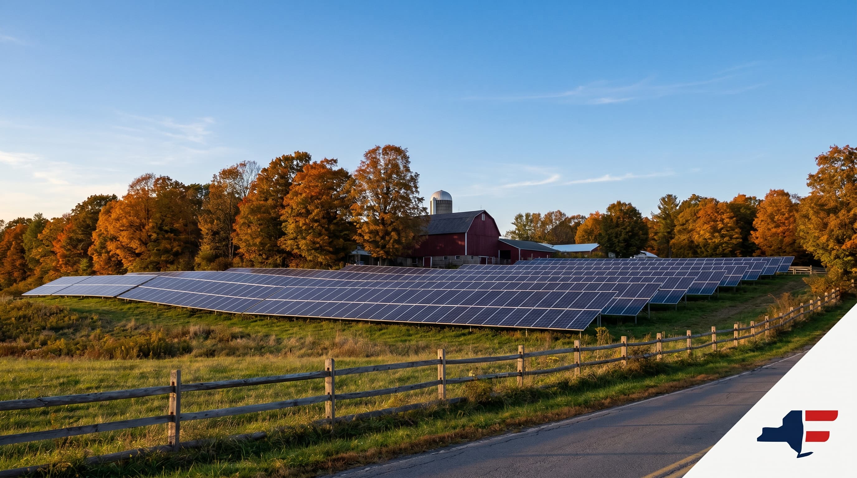 Upstate New York community solar array on a Finger Lakes hillside, with a red dairy barn and fall foliage.